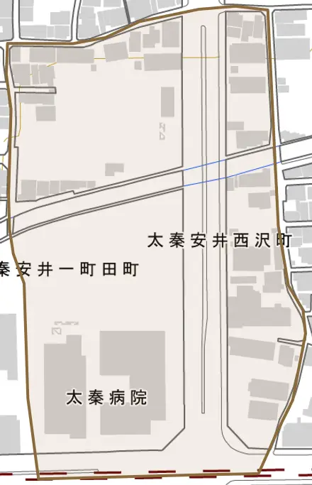 太秦安井西沢町とその周辺の地図。町の範囲を重ねている
