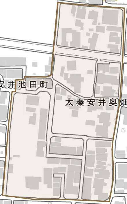 太秦安井奥畑町とその周辺の地図。町の範囲を重ねている