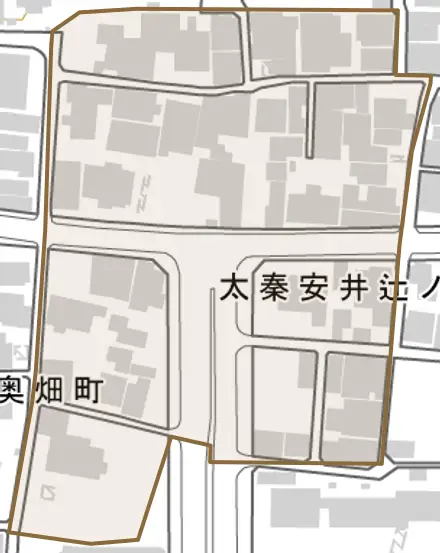 太秦安井辻ノ内町とその周辺の地図。町の範囲を重ねている