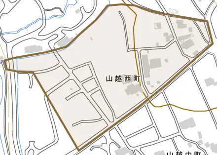 山越西町とその周辺の地図。町の範囲を重ねている