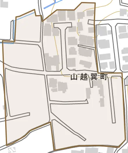 山越巽町とその周辺の地図。町の範囲を重ねている