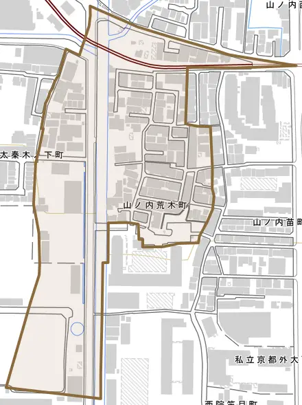 山ノ内荒木町とその周辺の地図。町の範囲を重ねている