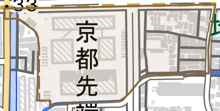 山ノ内五反田町とその周辺の地図。町の範囲を重ねている