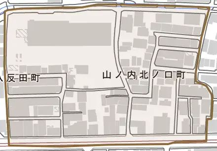 山ノ内北ノ口町とその周辺の地図。町の範囲を重ねている