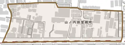 山ノ内御堂殿町とその周辺の地図。町の範囲を重ねている