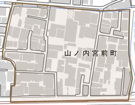 山ノ内宮前町とその周辺の地図。町の範囲を重ねている