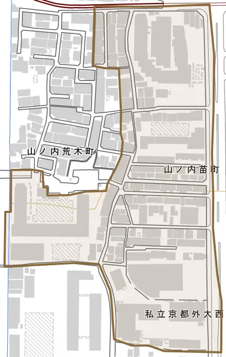 山ノ内苗町とその周辺の地図。町の範囲を重ねている