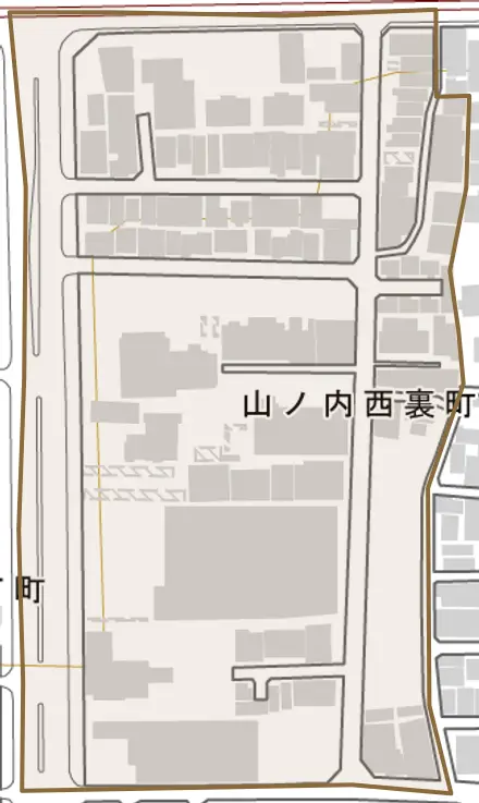 山ノ内西裏町とその周辺の地図。町の範囲を重ねている
