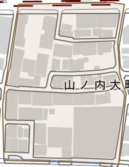 山ノ内大町とその周辺の地図。町の範囲を重ねている