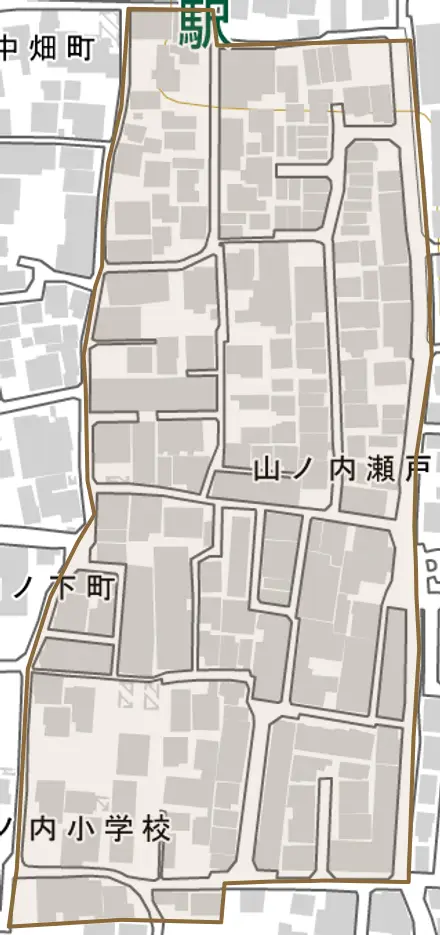 山ノ内瀬戸畑町とその周辺の地図。町の範囲を重ねている
