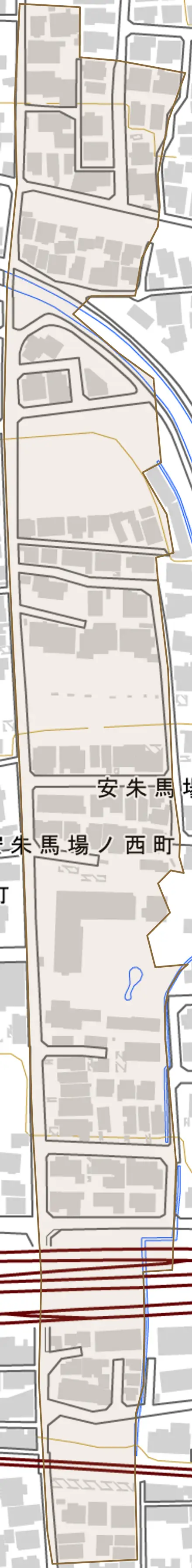 安朱馬場ノ東町とその周辺の地図。町の範囲を重ねている