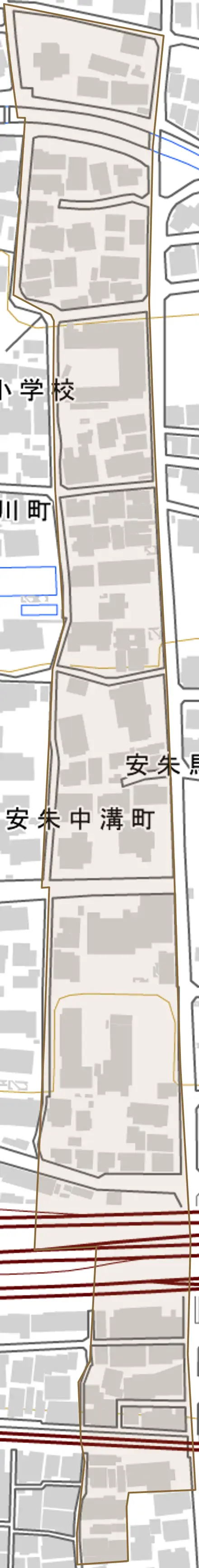 安朱馬場ノ西町とその周辺の地図。町の範囲を重ねている