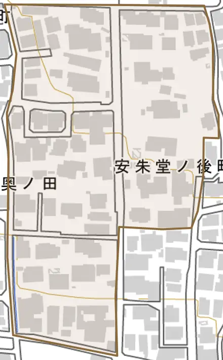 安朱堂ノ後町とその周辺の地図。町の範囲を重ねている