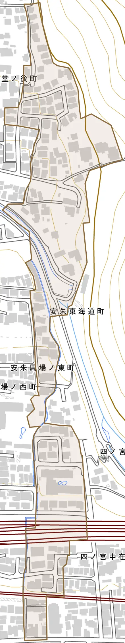 安朱東海道町とその周辺の地図。町の範囲を重ねている