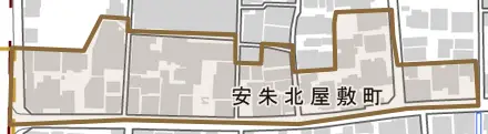 安朱北屋敷町とその周辺の地図。町の範囲を重ねている