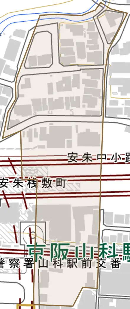 安朱中小路町とその周辺の地図。町の範囲を重ねている