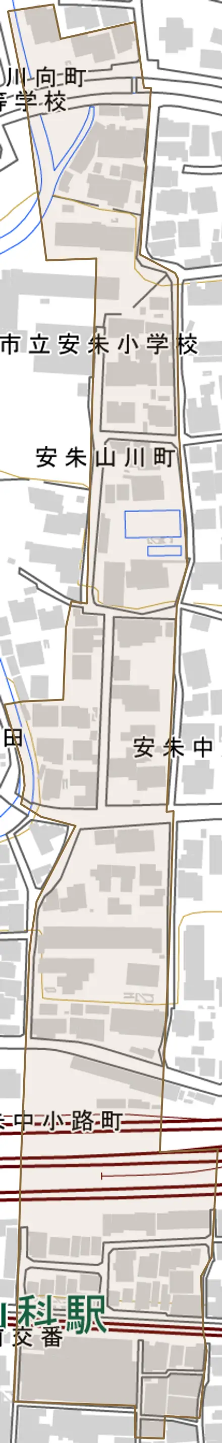 安朱中溝町とその周辺の地図。町の範囲を重ねている