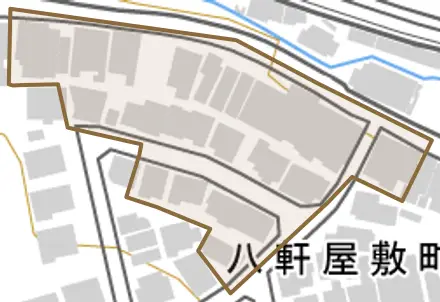 八軒屋敷町とその周辺の地図。町の範囲を重ねている