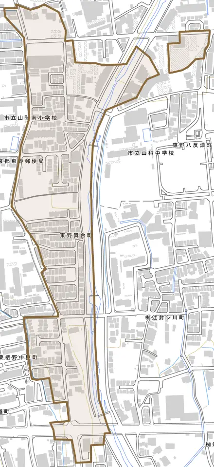 東野舞台町とその周辺の地図。町の範囲を重ねている