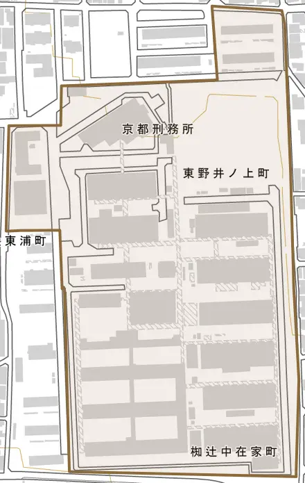 東野井ノ上町とその周辺の地図。町の範囲を重ねている