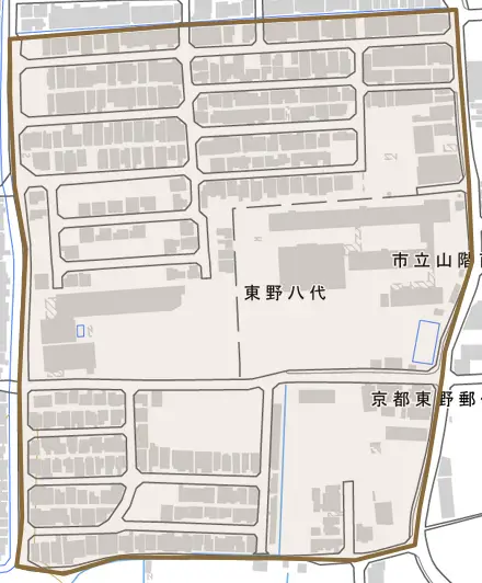 東野八代とその周辺の地図。町の範囲を重ねている