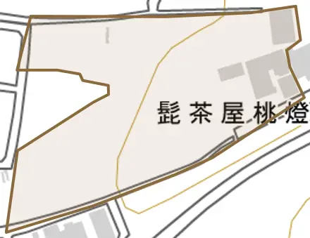 髭茶屋桃燈町とその周辺の地図。町の範囲を重ねている