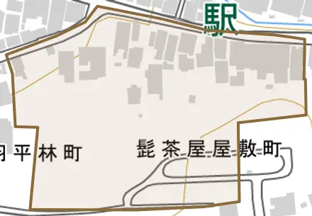 髭茶屋屋敷町とその周辺の地図。町の範囲を重ねている