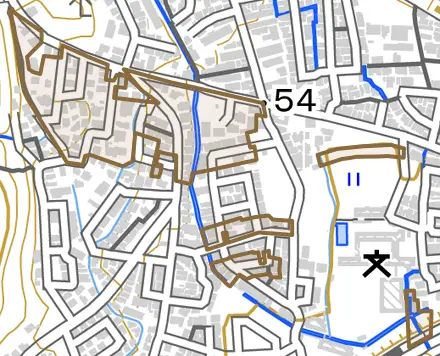 日ノ岡ホッパラ町とその周辺の地図。町の範囲を重ねている