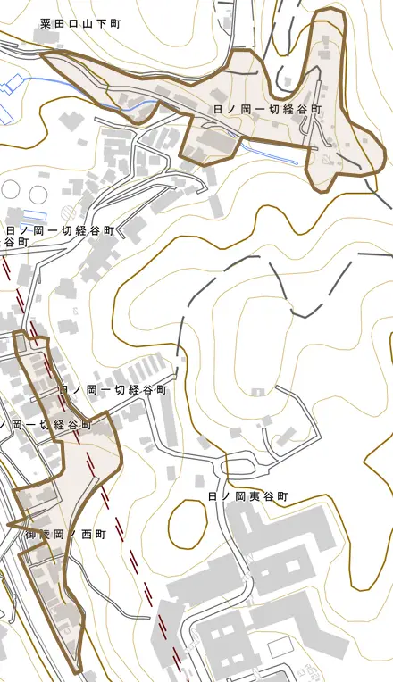 日ノ岡一切経谷町とその周辺の地図。町の範囲を重ねている