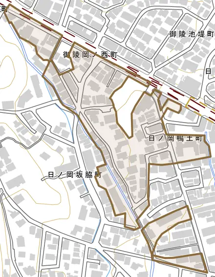 日ノ岡鴨土町とその周辺の地図。町の範囲を重ねている