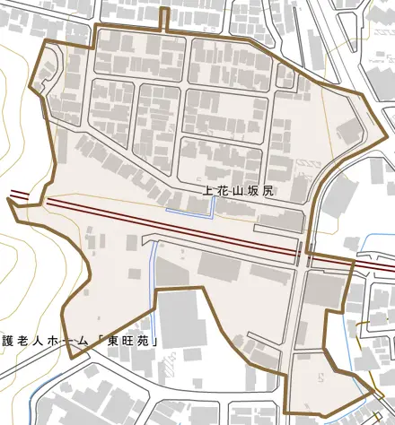 上花山坂尻とその周辺の地図。町の範囲を重ねている