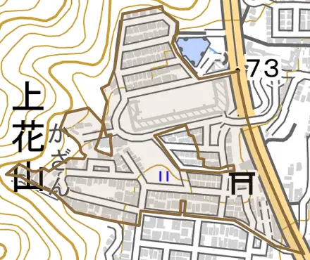上花山桜谷とその周辺の地図。町の範囲を重ねている