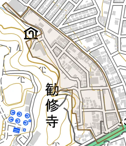 勧修寺福岡町とその周辺の地図。町の範囲を重ねている
