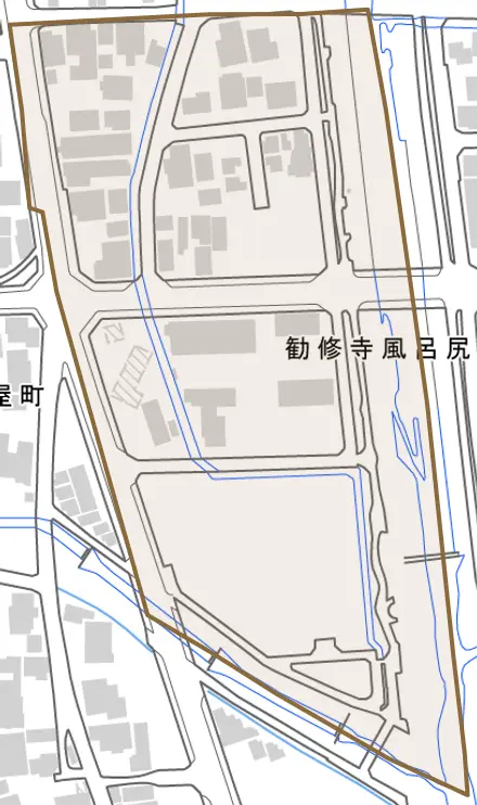 勧修寺風呂尻町とその周辺の地図。町の範囲を重ねている