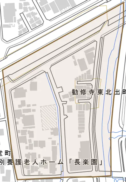 勧修寺東北出町とその周辺の地図。町の範囲を重ねている