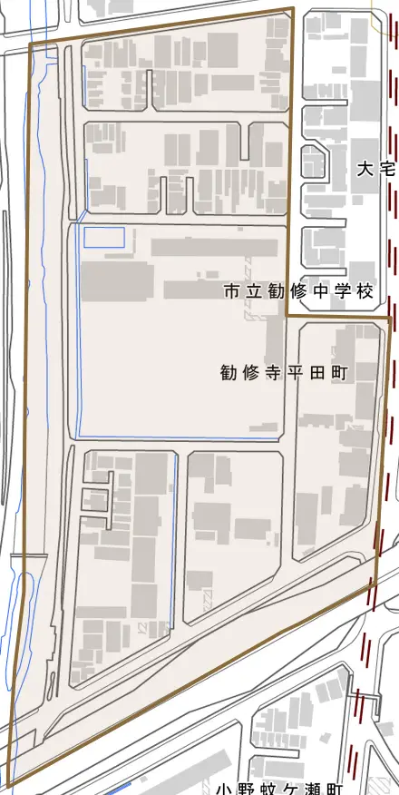 勧修寺平田町とその周辺の地図。町の範囲を重ねている