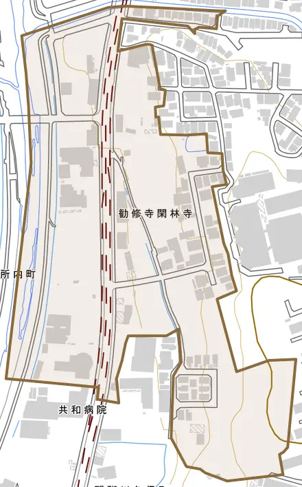 勧修寺閑林寺とその周辺の地図。町の範囲を重ねている