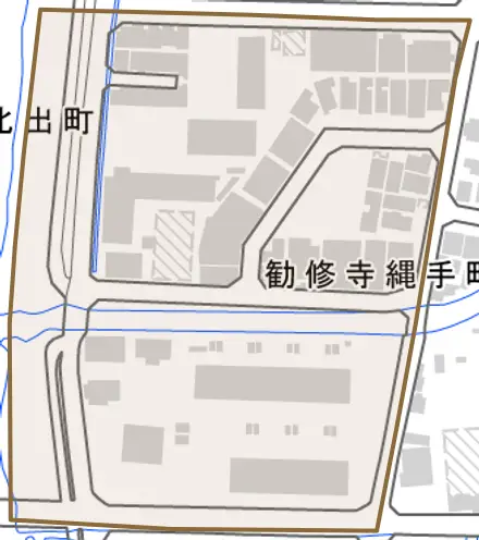 勧修寺縄手町とその周辺の地図。町の範囲を重ねている