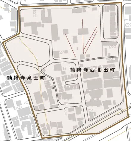 勧修寺西北出町とその周辺の地図。町の範囲を重ねている