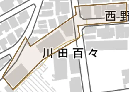 川田百々とその周辺の地図。町の範囲を重ねている