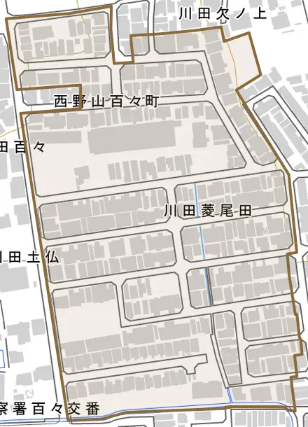 川田菱尾田とその周辺の地図。町の範囲を重ねている