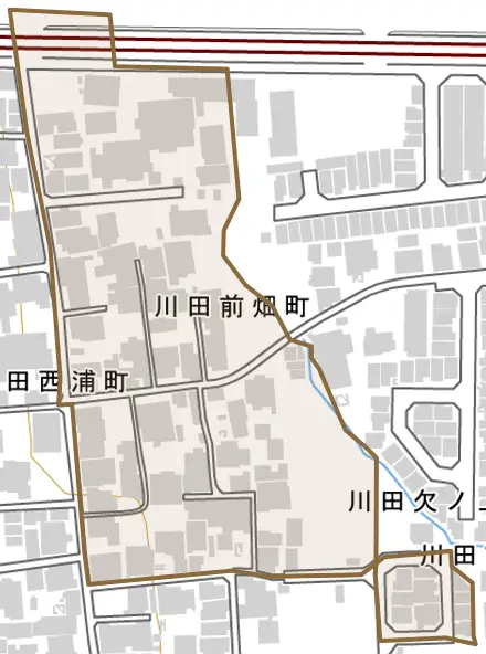 川田前畑町とその周辺の地図。町の範囲を重ねている