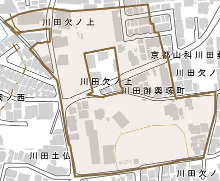 川田御輿塚町とその周辺の地図。町の範囲を重ねている