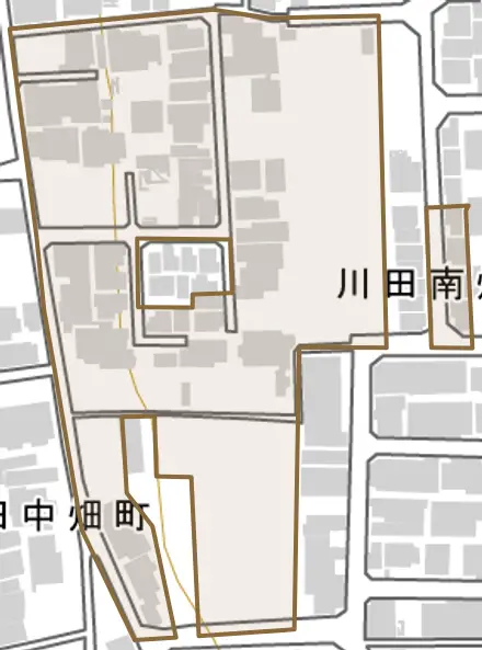 川田南畑町とその周辺の地図。町の範囲を重ねている