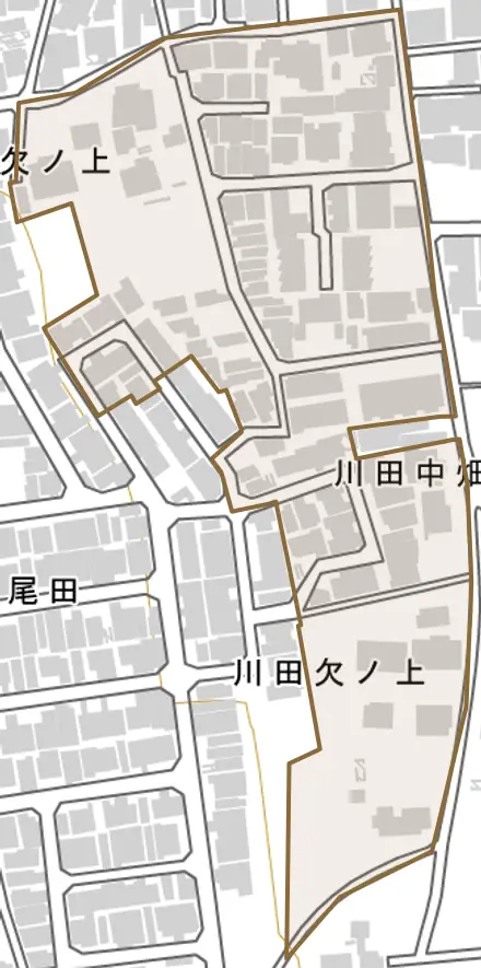 川田中畑町とその周辺の地図。町の範囲を重ねている