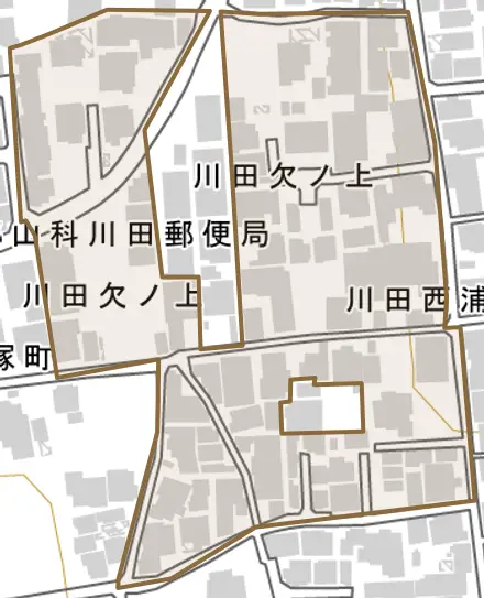 川田西浦町とその周辺の地図。町の範囲を重ねている