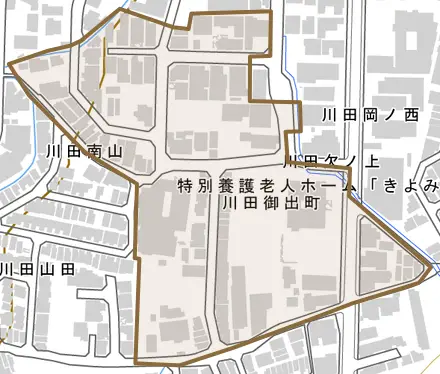 川田御出町とその周辺の地図。町の範囲を重ねている