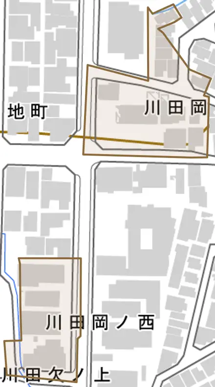 川田岡ノ西とその周辺の地図。町の範囲を重ねている