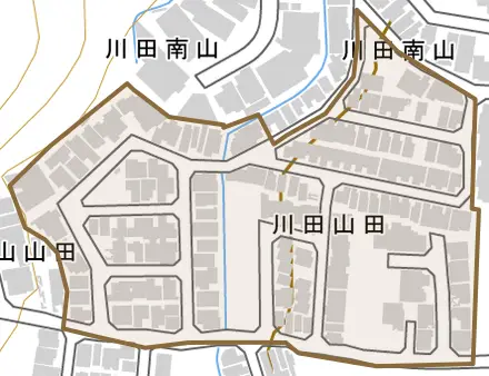 川田山田とその周辺の地図。町の範囲を重ねている