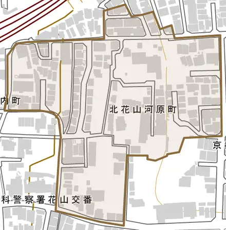 北花山河原町とその周辺の地図。町の範囲を重ねている